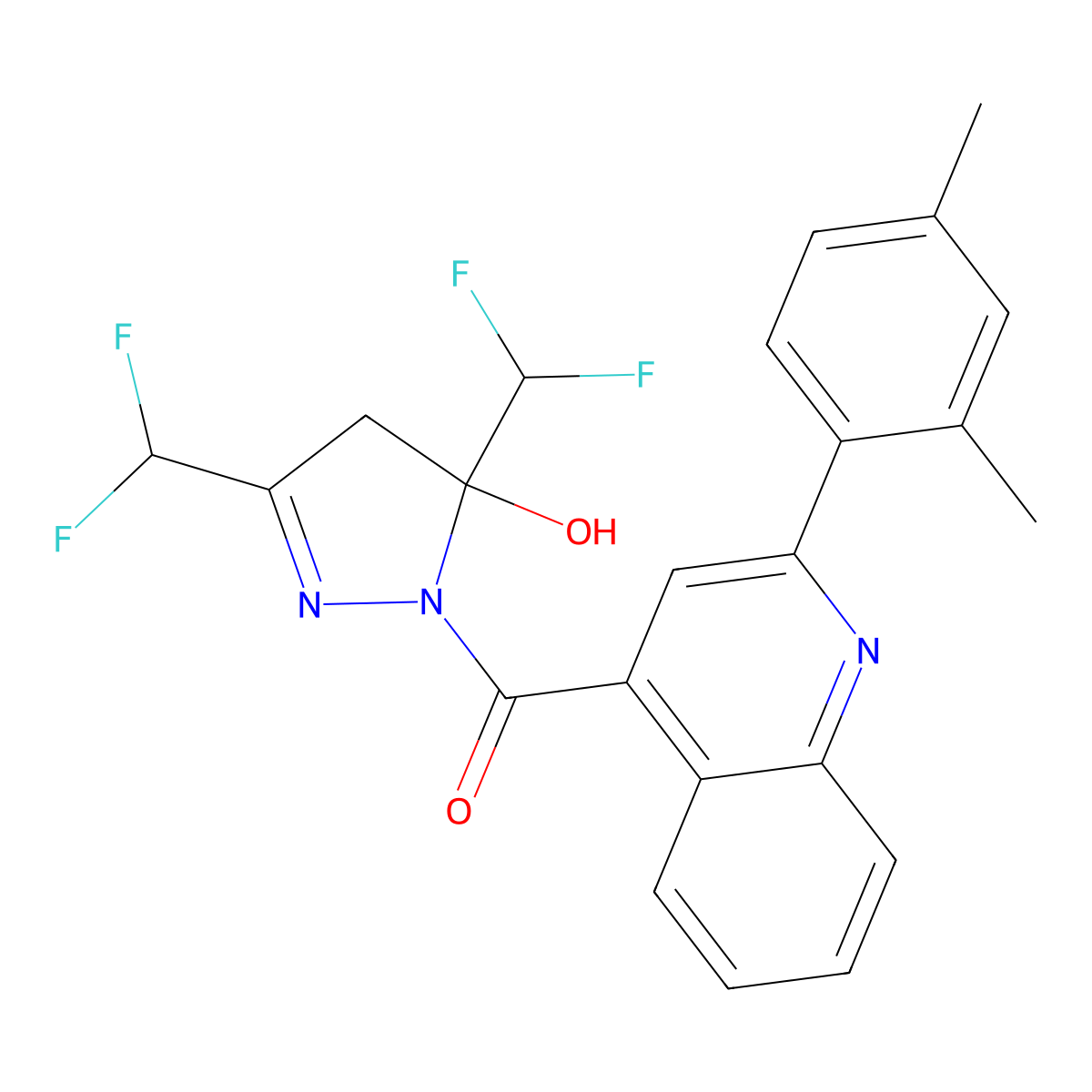 [3,5-bis(difluoromethyl)-5-hydroxy-4H-pyrazol-1-yl]-[2-(2,4-dimethylphenyl)quinolin-4-yl]methanone molecular structure, CAS 438231-55-1