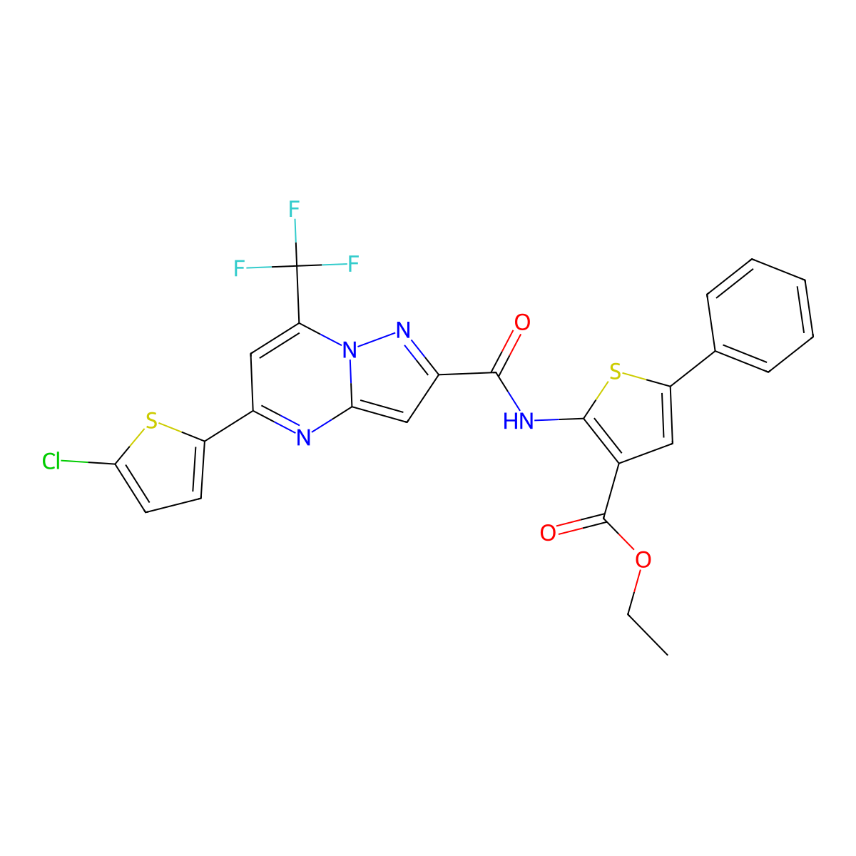 Ethyl 2-[[5-(5-chlorothiophen-2-yl)-7-(trifluoromethyl)pyrazolo[1,5-a]pyrimidine-2-carbonyl]amino]-5-phenylthiophene-3-carboxylate molecular structure, CAS 438231-57-3