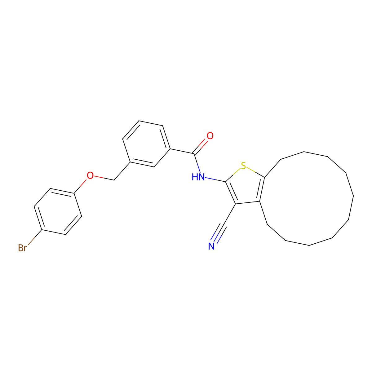 3-[(4-bromophenoxy)methyl]-N-(3-cyano-4,5,6,7,8,9,10,11,12,13-decahydrocyclododeca[b]thiophen-2-yl)benzamide molecular structure, CAS 438231-61-9