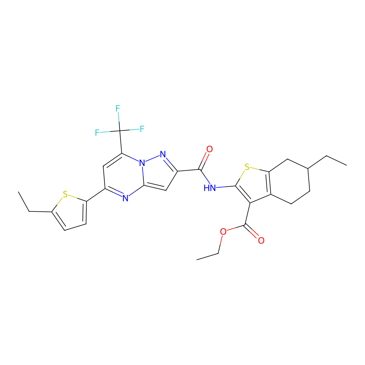 Ethyl 6-ethyl-2-[[5-(5-ethylthiophen-2-yl)-7-(trifluoromethyl)pyrazolo[1,5-a]pyrimidine-2-carbonyl]amino]-4,5,6,7-tetrahydro-1-benzothiophene-3-carboxylate molecular structure, CAS 438231-66-4