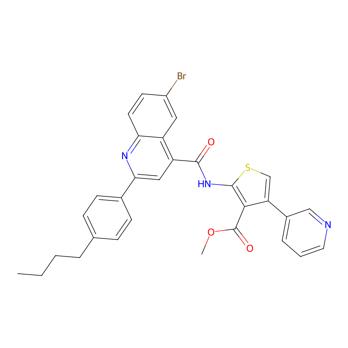 Methyl 2-[[6-bromo-2-(4-butylphenyl)quinoline-4-carbonyl]amino]-4-(3-pyridyl)thiophene-3-carboxylate molecular structure, CAS 438231-74-4