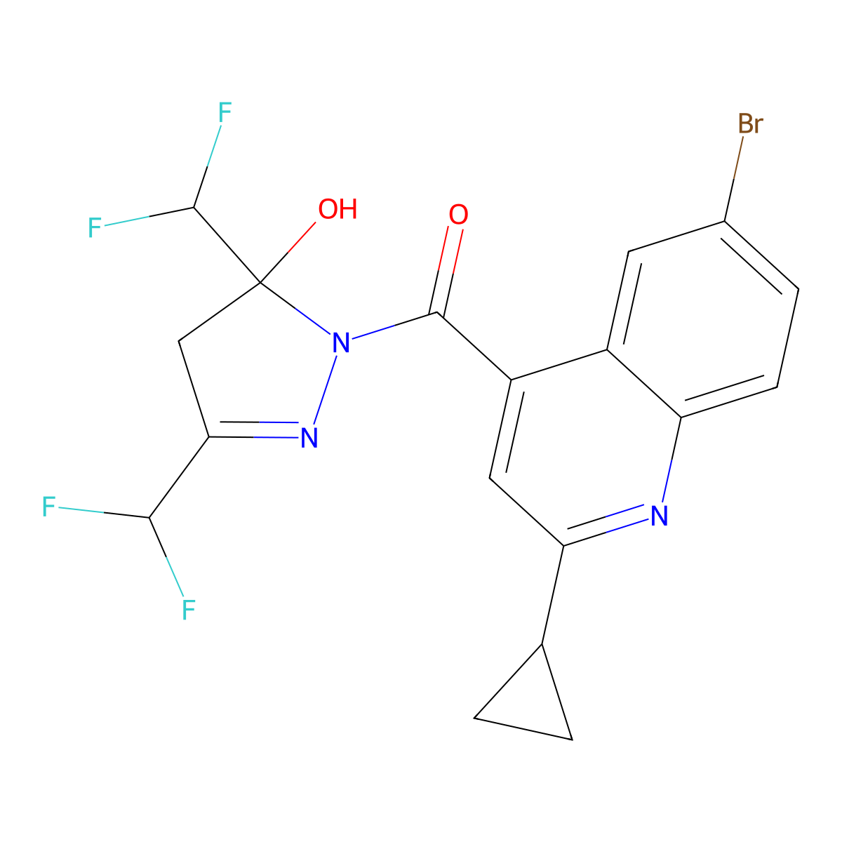 [3,5-bis(difluoromethyl)-5-hydroxy-4H-pyrazol-1-yl]-(6-bromo-2-cyclopropylquinolin-4-yl)methanone molecular structure, CAS 438231-77-7