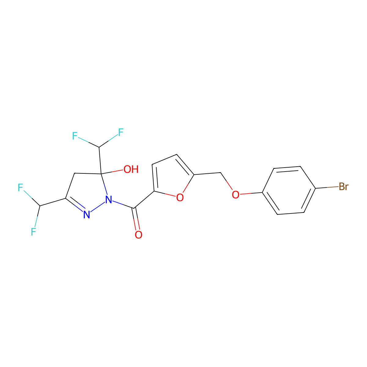 1-{5-[(4-bromophenoxy)methyl]-2-furoyl}-3,5-bis(difluoromethyl)-4,5-dihydro-1H-pyrazol-5-ol molecular structure, CAS 438231-78-8