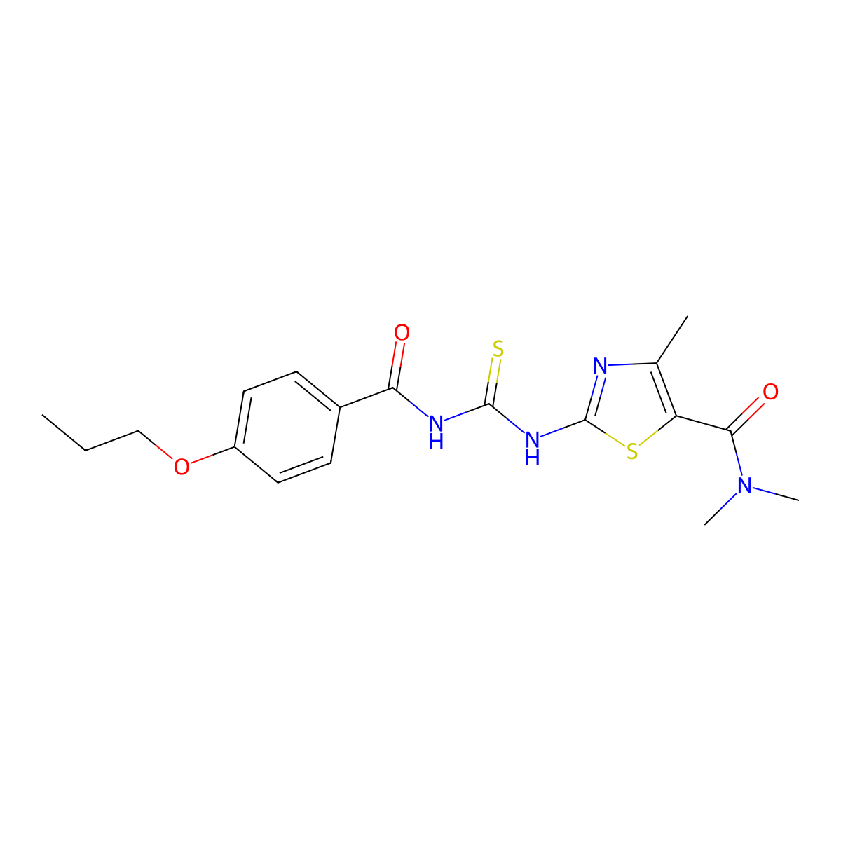 N,N,4-trimethyl-2-({[(4-propoxybenzoyl)amino]carbothioyl}amino)-1,3-thiazole-5-carboxamide molecular structure, CAS 438231-82-4