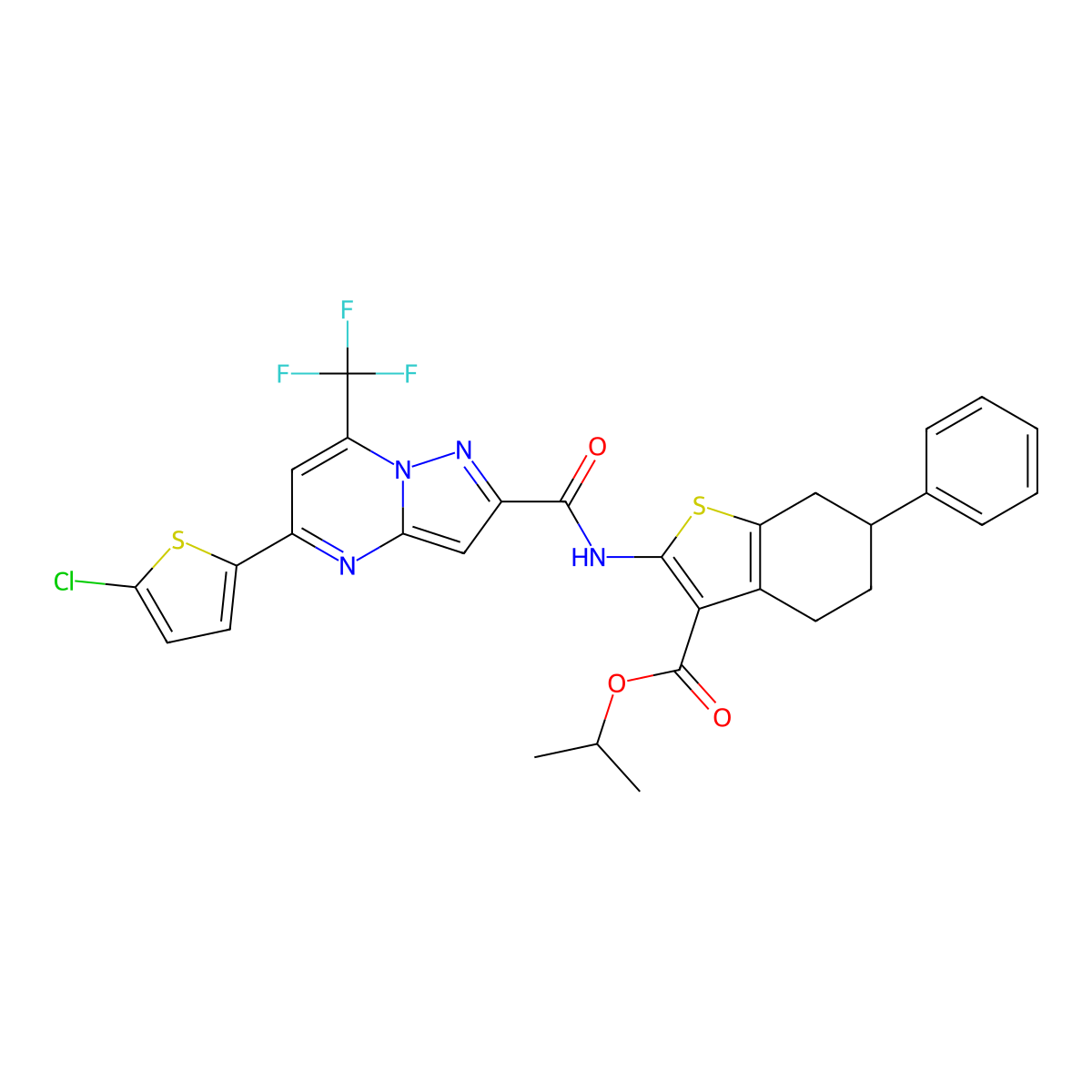 Propan-2-yl 2-({[5-(5-chlorothiophen-2-yl)-7-(trifluoromethyl)pyrazolo[1,5-a]pyrimidin-2-yl]carbonyl}amino)-6-phenyl-4,5,6,7-tetrahydro-1-benzothiophene-3-carboxylate molecular structure, CAS 438231-94-8