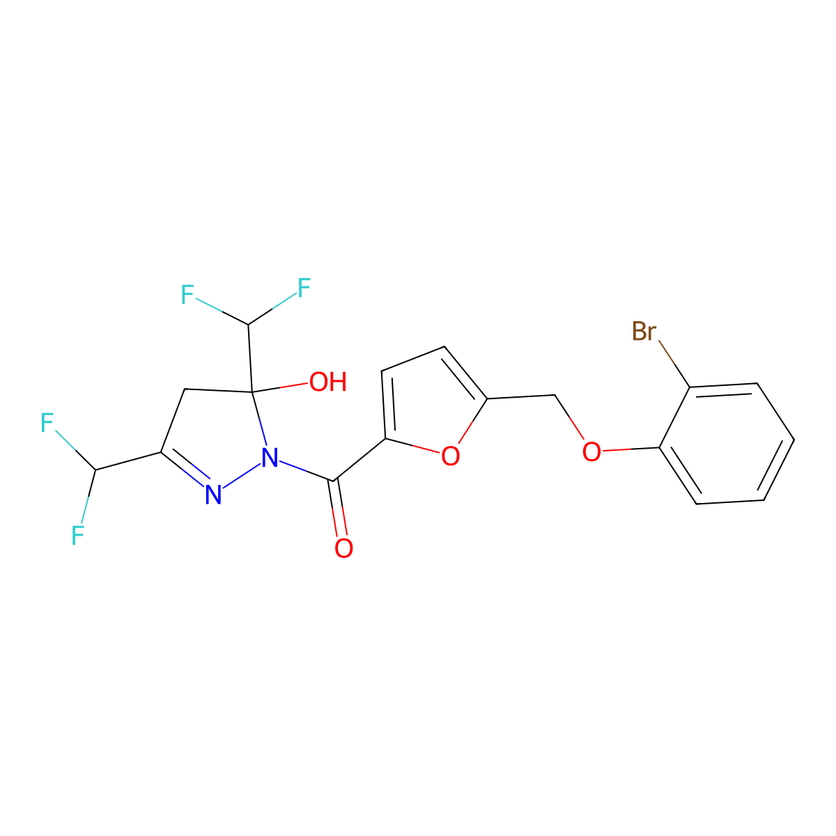 [3,5-bis(difluoromethyl)-5-hydroxy-4H-pyrazol-1-yl]-[5-[(2-bromophenoxy)methyl]furan-2-yl]methanone molecular structure, CAS 438232-00-9
