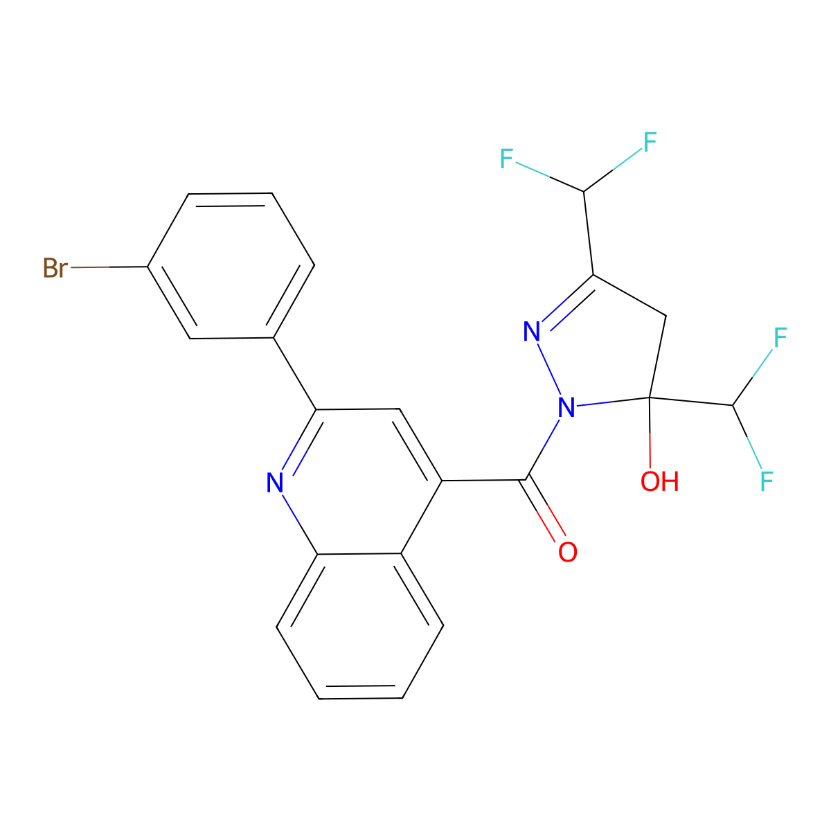 [3,5-bis(difluoromethyl)-5-hydroxy-4H-pyrazol-1-yl]-[2-(3-bromophenyl)quinolin-4-yl]methanone molecular structure, CAS 438232-03-2