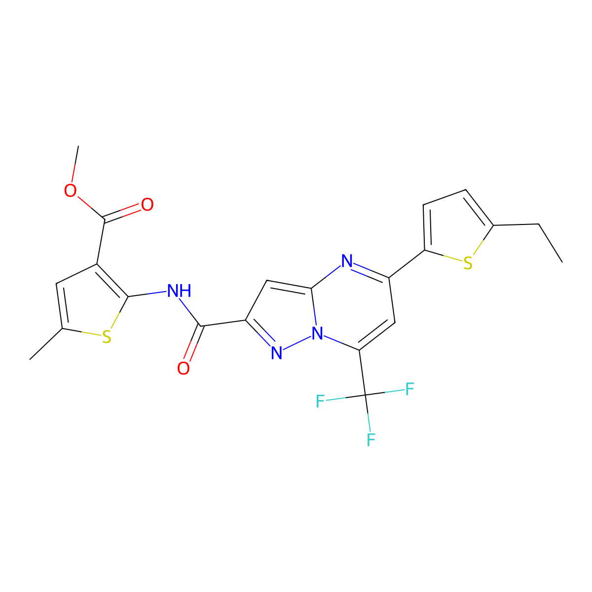 Methyl 2-[[5-(5-ethylthiophen-2-yl)-7-(trifluoromethyl)pyrazolo[1,5-a]pyrimidine-2-carbonyl]amino]-5-methylthiophene-3-carboxylate molecular structure, CAS 438232-06-5
