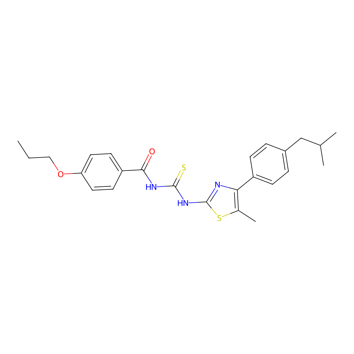N-[[5-methyl-4-[4-(2-methylpropyl)phenyl]-1,3-thiazol-2-yl]carbamothioyl]-4-propoxybenzamide molecular structure, CAS 438232-40-7