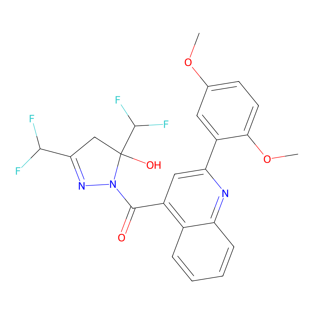 [3,5-bis(difluoromethyl)-5-hydroxy-4H-pyrazol-1-yl]-[2-(2,5-dimethoxyphenyl)quinolin-4-yl]methanone molecular structure, CAS 438232-50-9