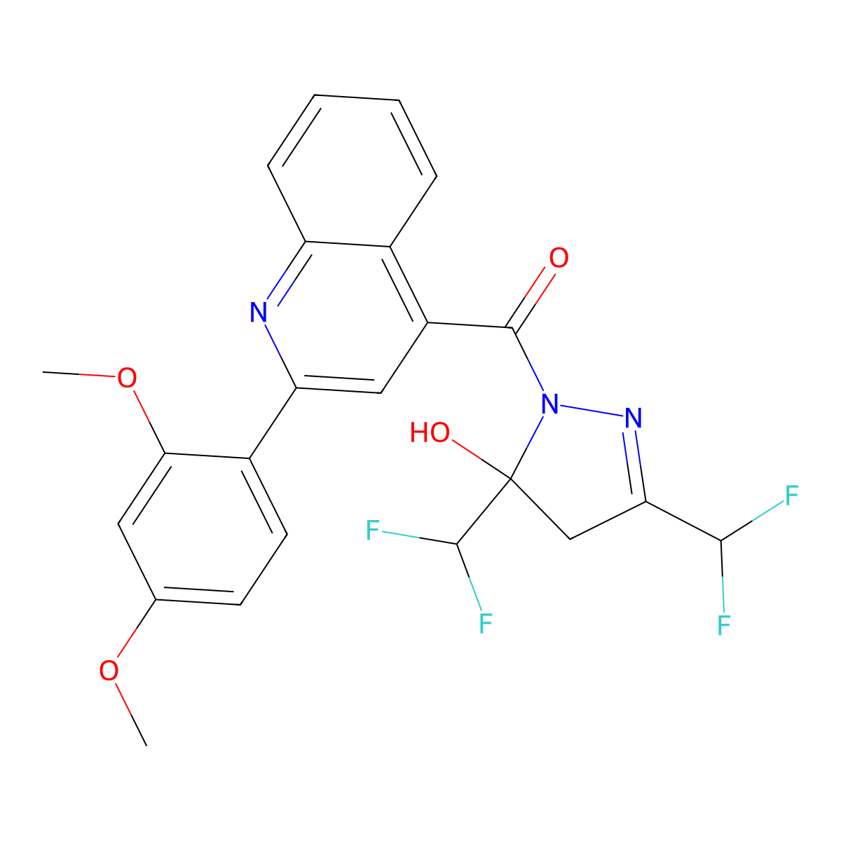 [3,5-bis(difluoromethyl)-5-hydroxy-4H-pyrazol-1-yl]-[2-(2,4-dimethoxyphenyl)quinolin-4-yl]methanone molecular structure, CAS 438232-52-1