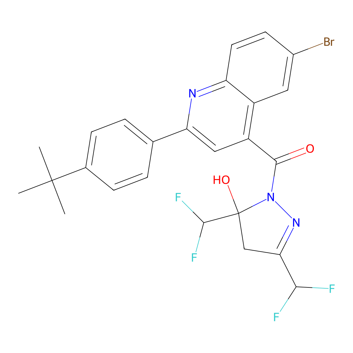 [3,5-bis(difluoromethyl)-5-hydroxy-4H-pyrazol-1-yl]-[6-bromo-2-(4-tert-butylphenyl)quinolin-4-yl]methanone molecular structure, CAS 438232-55-4