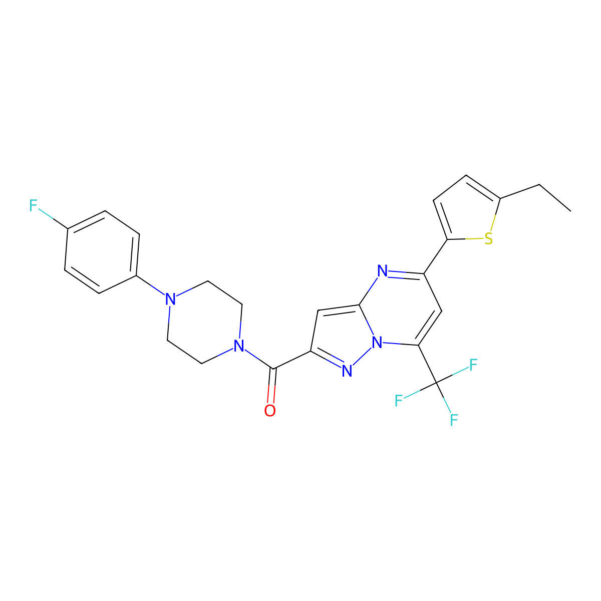 [5-(5-Ethylthiophen-2-yl)-7-(trifluoromethyl)pyrazolo[1,5-a]pyrimidin-2-yl]-[4-(4-fluorophenyl)piperazin-1-yl]methanone molecular structure, CAS 438232-66-7