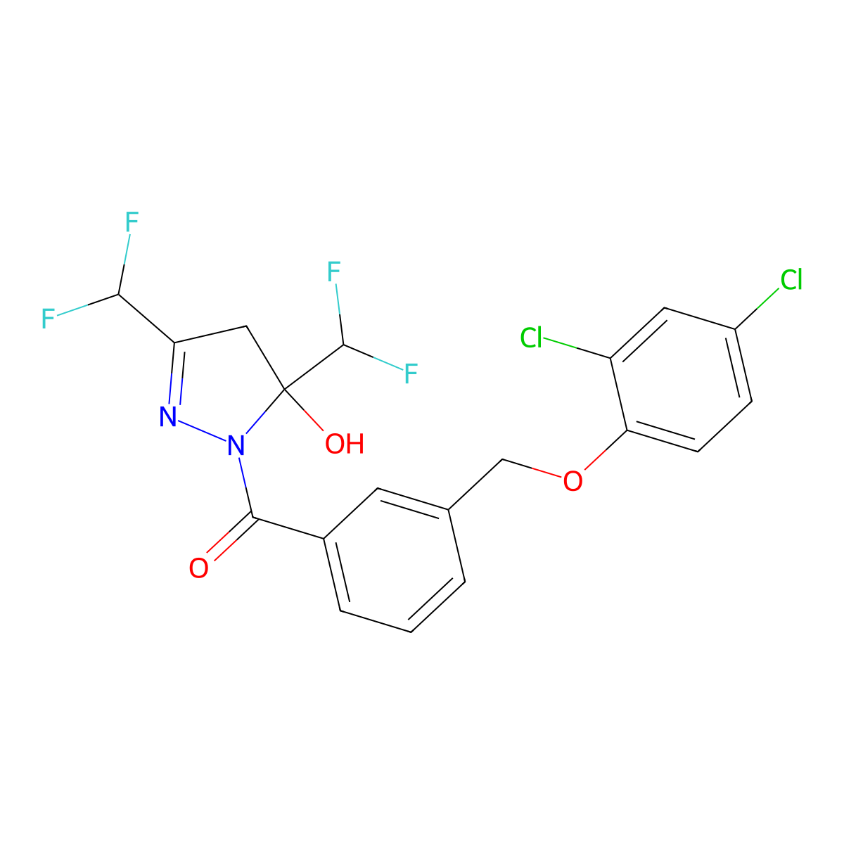 [3,5-bis(difluoromethyl)-5-hydroxy-4H-pyrazol-1-yl]-[3-[(2,4-dichlorophenoxy)methyl]phenyl]methanone molecular structure, CAS 438232-68-9
