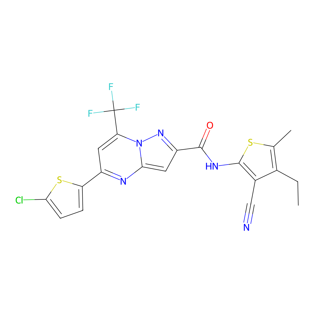 5-(5-chloro-2-thienyl)-N-(3-cyano-4-ethyl-5-methyl-2-thienyl)-7-(trifluoromethyl)pyrazolo[1,5-a]pyrimidine-2-carboxamide molecular structure, CAS 438232-69-0