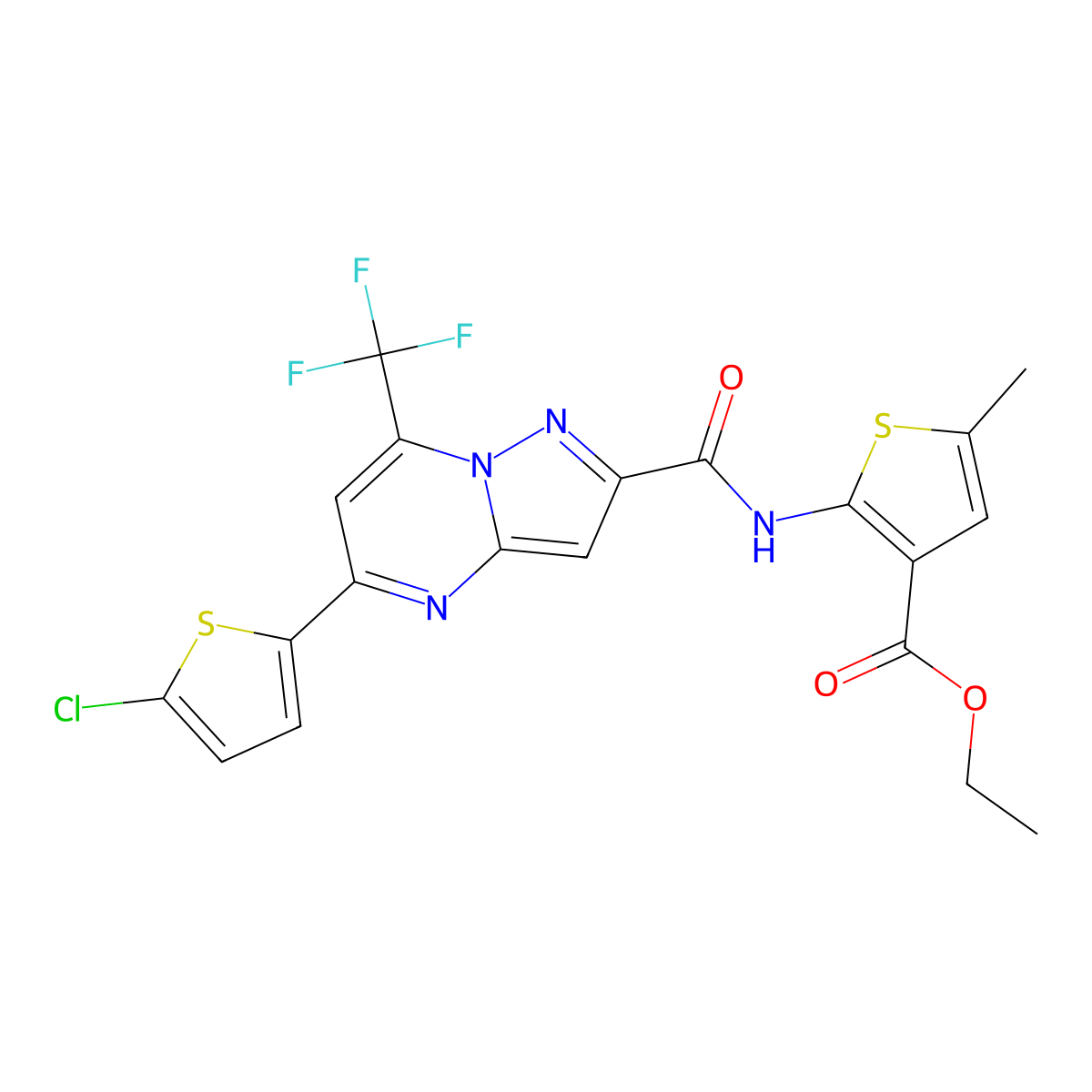 Ethyl 2-[[5-(5-chlorothiophen-2-yl)-7-(trifluoromethyl)pyrazolo[1,5-a]pyrimidine-2-carbonyl]amino]-5-methylthiophene-3-carboxylate molecular structure, CAS 438232-71-4
