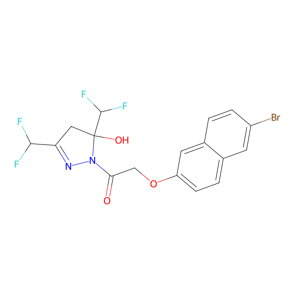 1-[3,5-bis(difluoromethyl)-5-hydroxy-4H-pyrazol-1-yl]-2-(6-bromonaphthalen-2-yl)oxyethanone molecular structure, CAS 438232-79-2