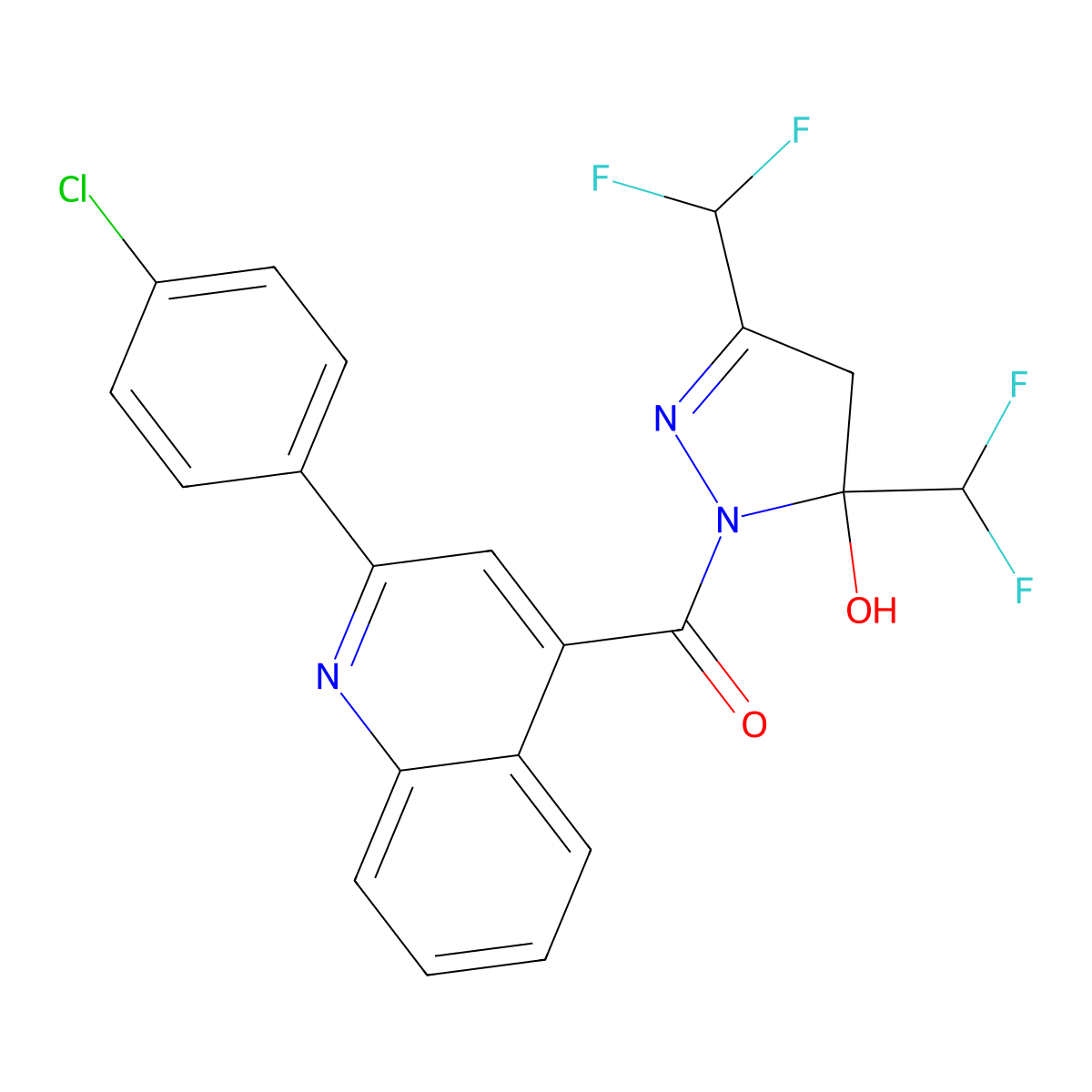 [3,5-bis(difluoromethyl)-5-hydroxy-4H-pyrazol-1-yl]-[2-(4-chlorophenyl)quinolin-4-yl]methanone molecular structure, CAS 438232-94-1