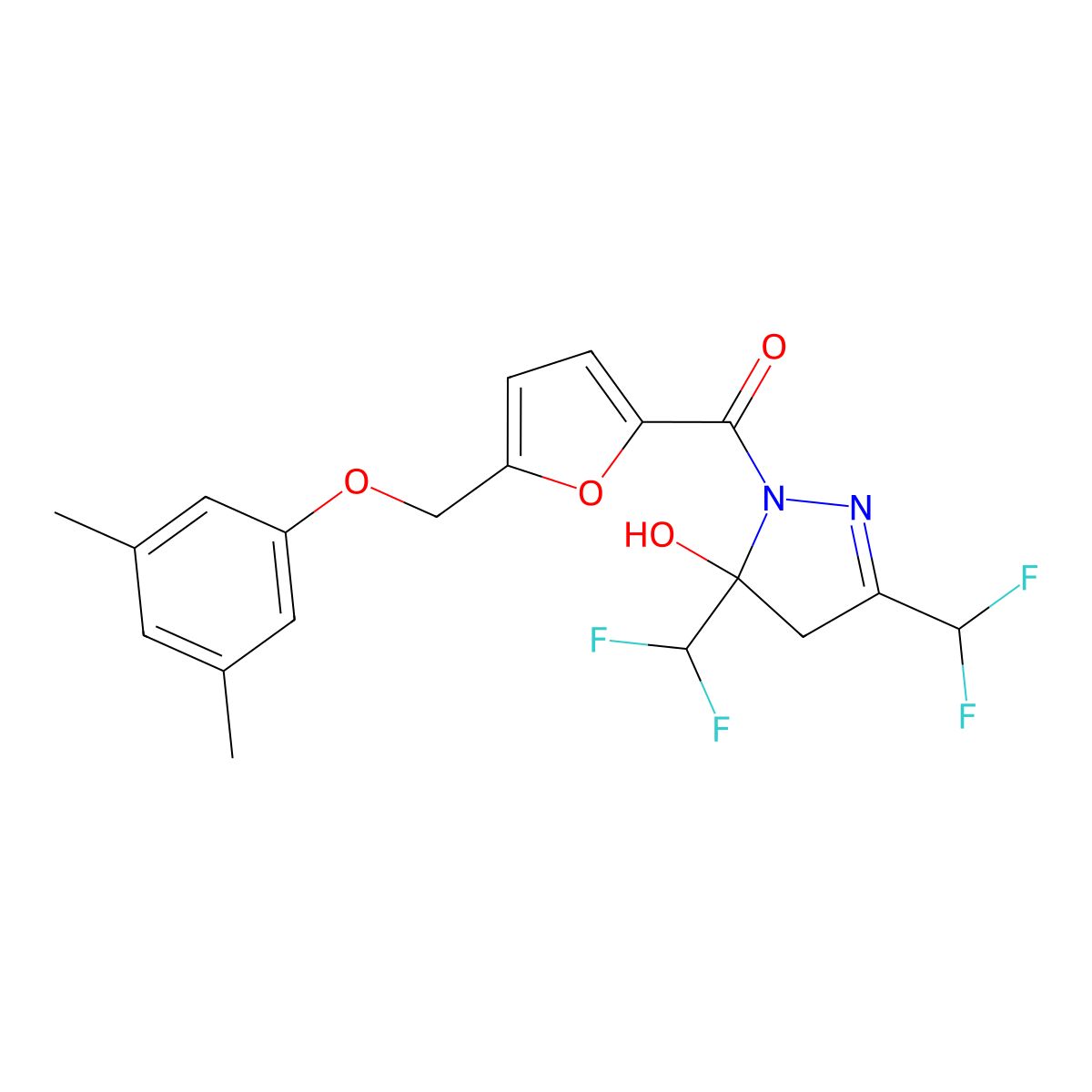 [3,5-bis(difluoromethyl)-5-hydroxy-4H-pyrazol-1-yl]-[5-[(3,5-dimethylphenoxy)methyl]furan-2-yl]methanone molecular structure, CAS 438232-97-4