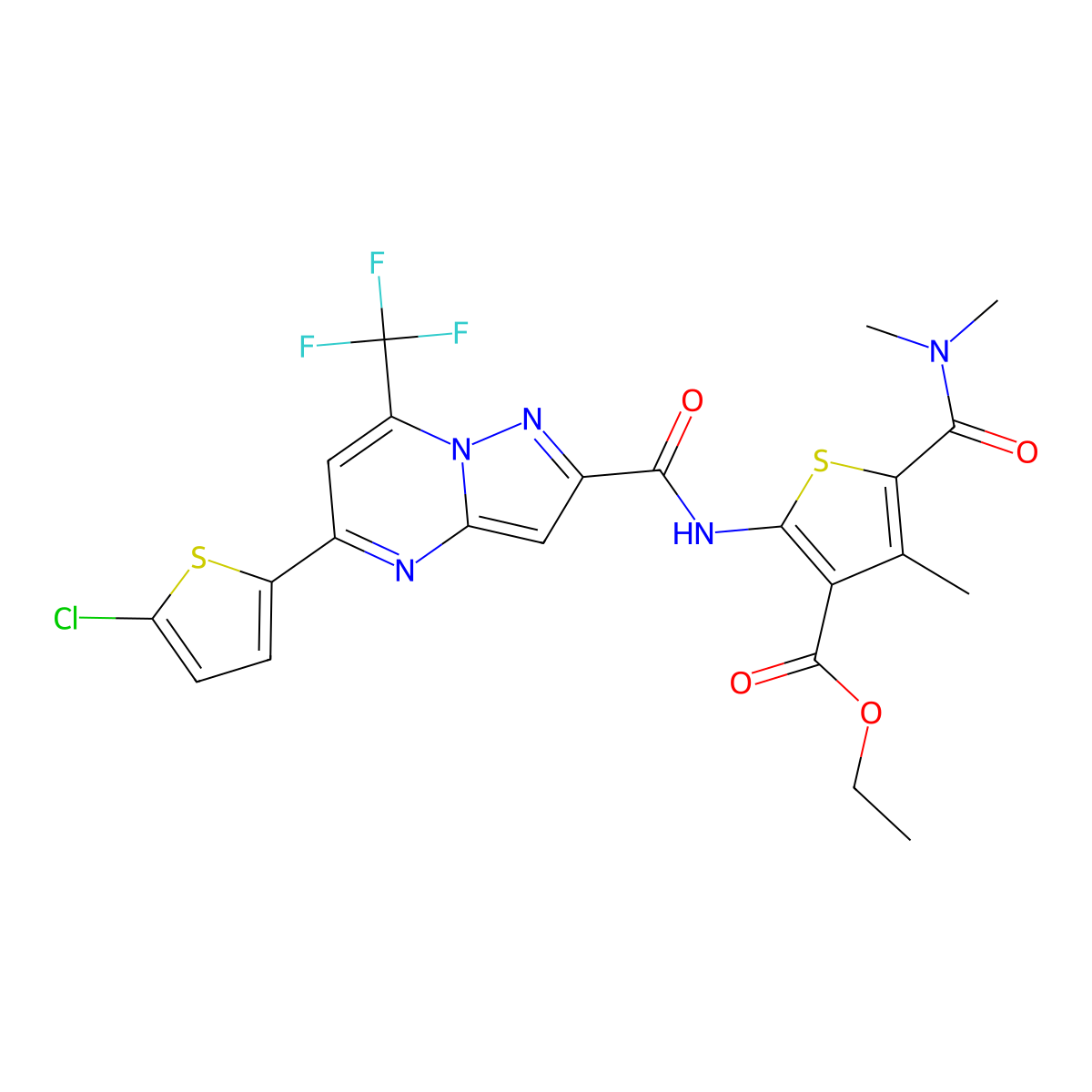 Ethyl 2-[[5-(5-chlorothiophen-2-yl)-7-(trifluoromethyl)pyrazolo[1,5-a]pyrimidine-2-carbonyl]amino]-5-(dimethylcarbamoyl)-4-methylthiophene-3-carboxylate molecular structure, CAS 438232-99-6