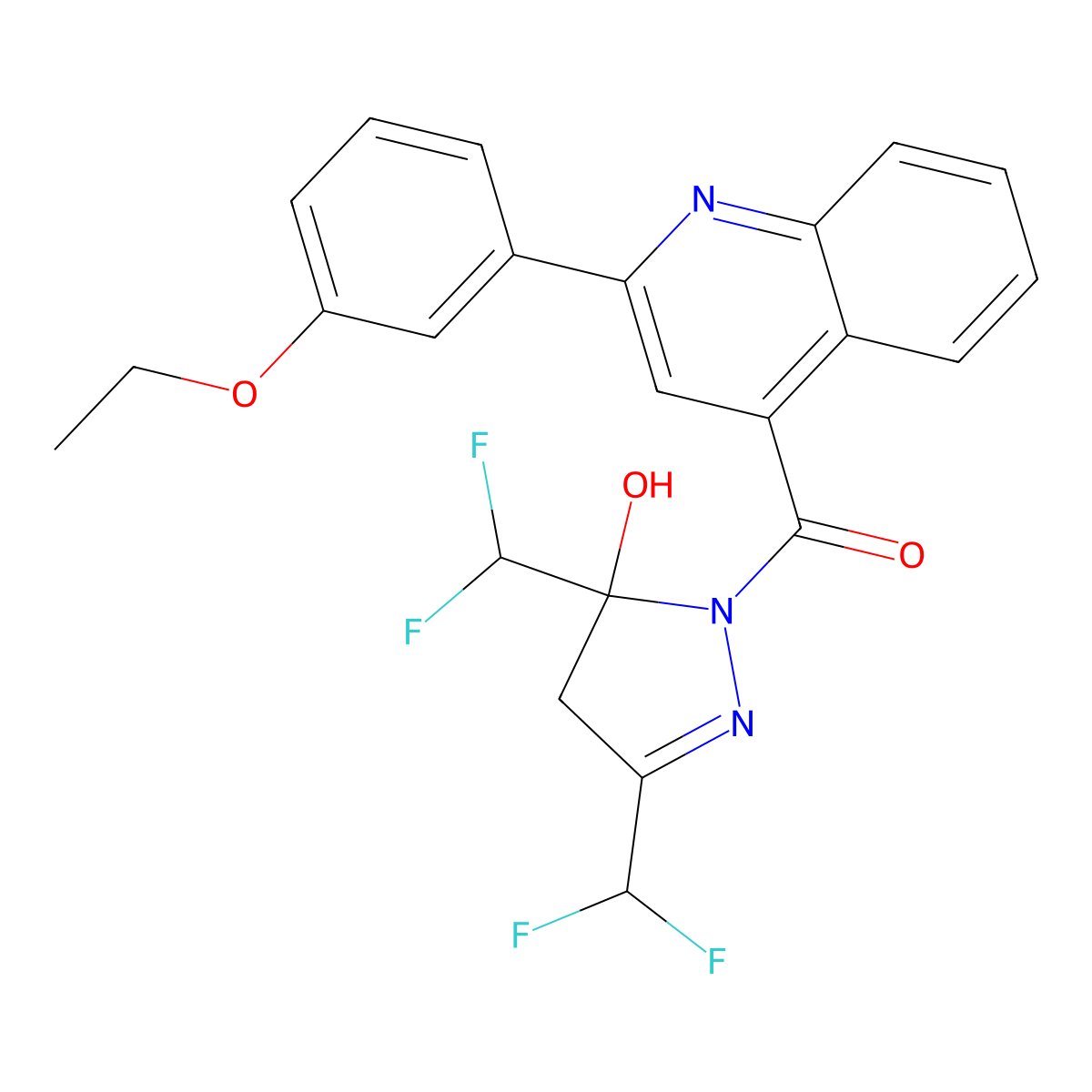 [3,5-bis(difluoromethyl)-5-hydroxy-4H-pyrazol-1-yl]-[2-(3-ethoxyphenyl)quinolin-4-yl]methanone molecular structure, CAS 438233-01-3
