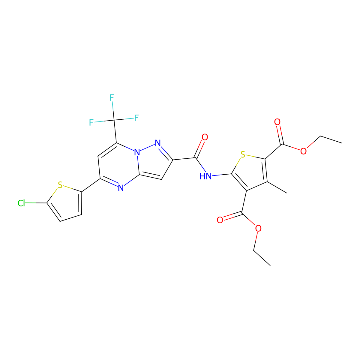 Diethyl 5-[[5-(5-chlorothiophen-2-yl)-7-(trifluoromethyl)pyrazolo[1,5-a]pyrimidine-2-carbonyl]amino]-3-methylthiophene-2,4-dicarboxylate molecular structure, CAS 438233-05-7