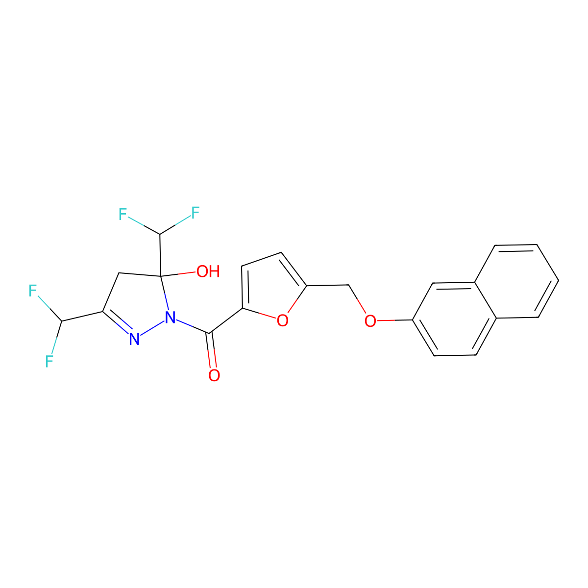 [3,5-bis(difluoromethyl)-5-hydroxy-4H-pyrazol-1-yl]-[5-(naphthalen-2-yloxymethyl)furan-2-yl]methanone molecular structure, CAS 438233-09-1