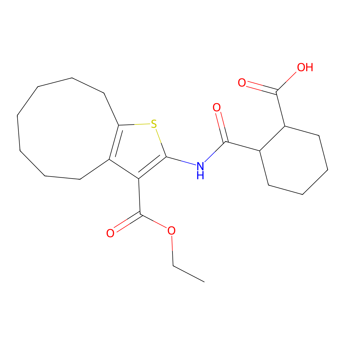 2-{[3-(ethoxycarbonyl)-5,6,7,8,9,10-hexahydro-4H-cyclonona[b]thiophen-2-yl]carbamoyl}cyclohexanecarboxylic acid molecular structure, CAS 438233-11-5