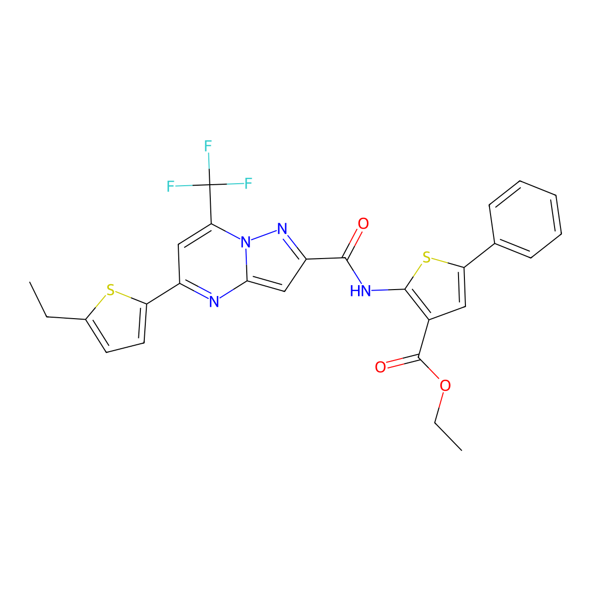 Ethyl 2-[[5-(5-ethylthiophen-2-yl)-7-(trifluoromethyl)pyrazolo[1,5-a]pyrimidine-2-carbonyl]amino]-5-phenylthiophene-3-carboxylate molecular structure, CAS 438233-14-8