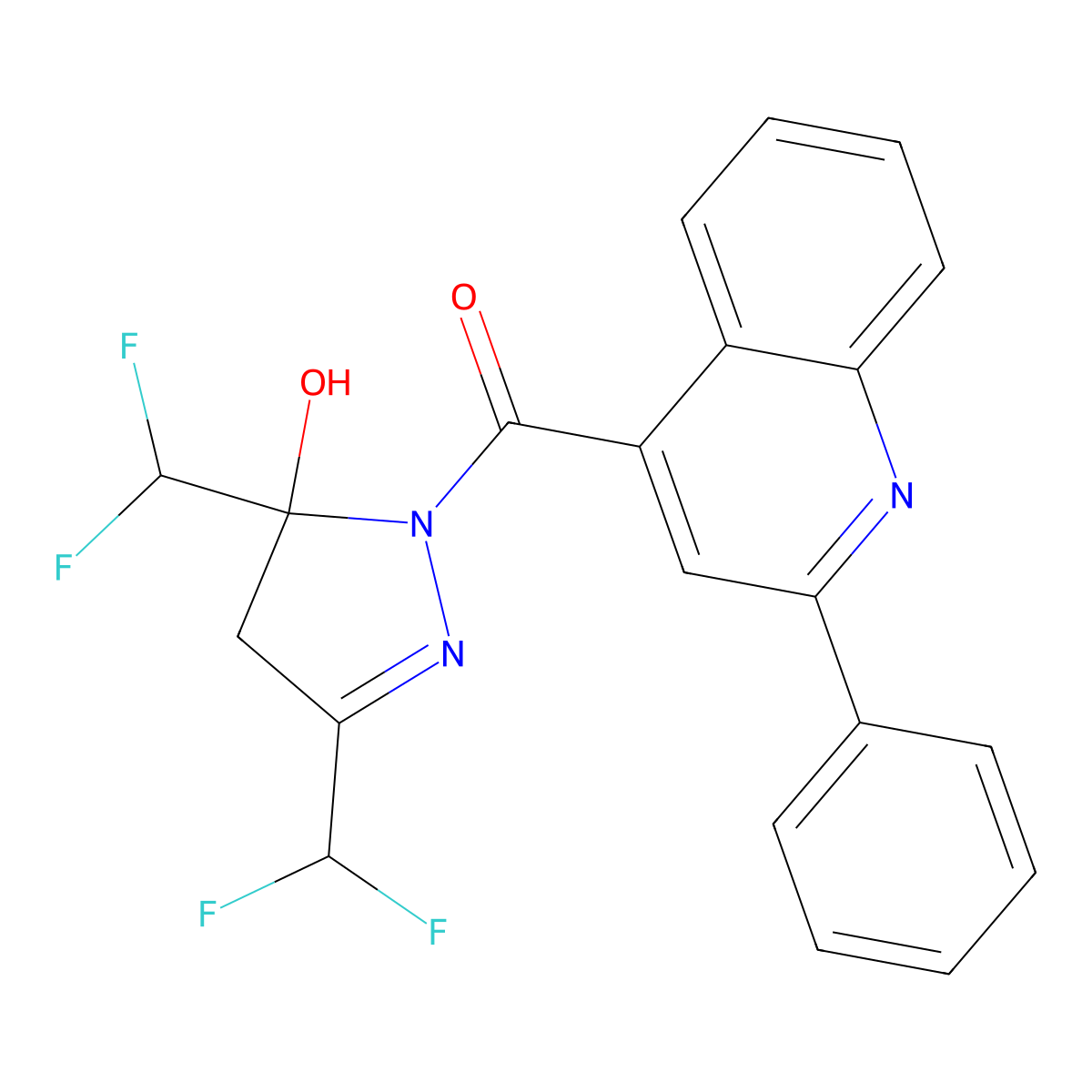 [3,5-bis(difluoromethyl)-5-hydroxy-4H-pyrazol-1-yl]-(2-phenylquinolin-4-yl)methanone molecular structure, CAS 438233-16-0