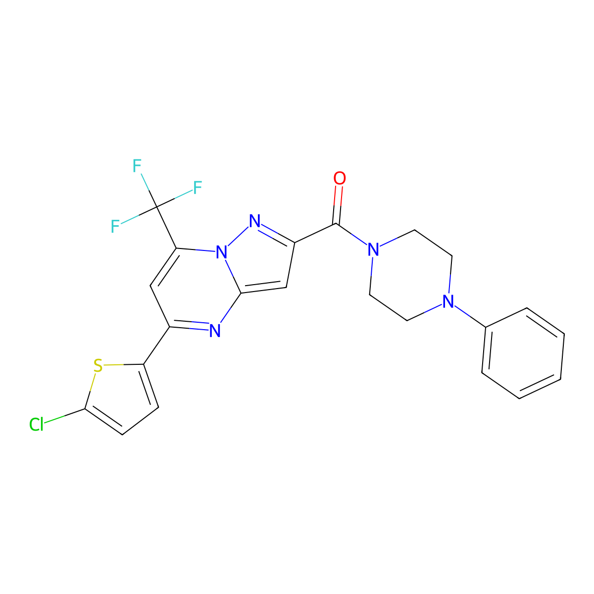 [5-(5-Chlorothiophen-2-yl)-7-(trifluoromethyl)pyrazolo[1,5-a]pyrimidin-2-yl]-(4-phenylpiperazin-1-yl)methanone molecular structure, CAS 438233-24-0