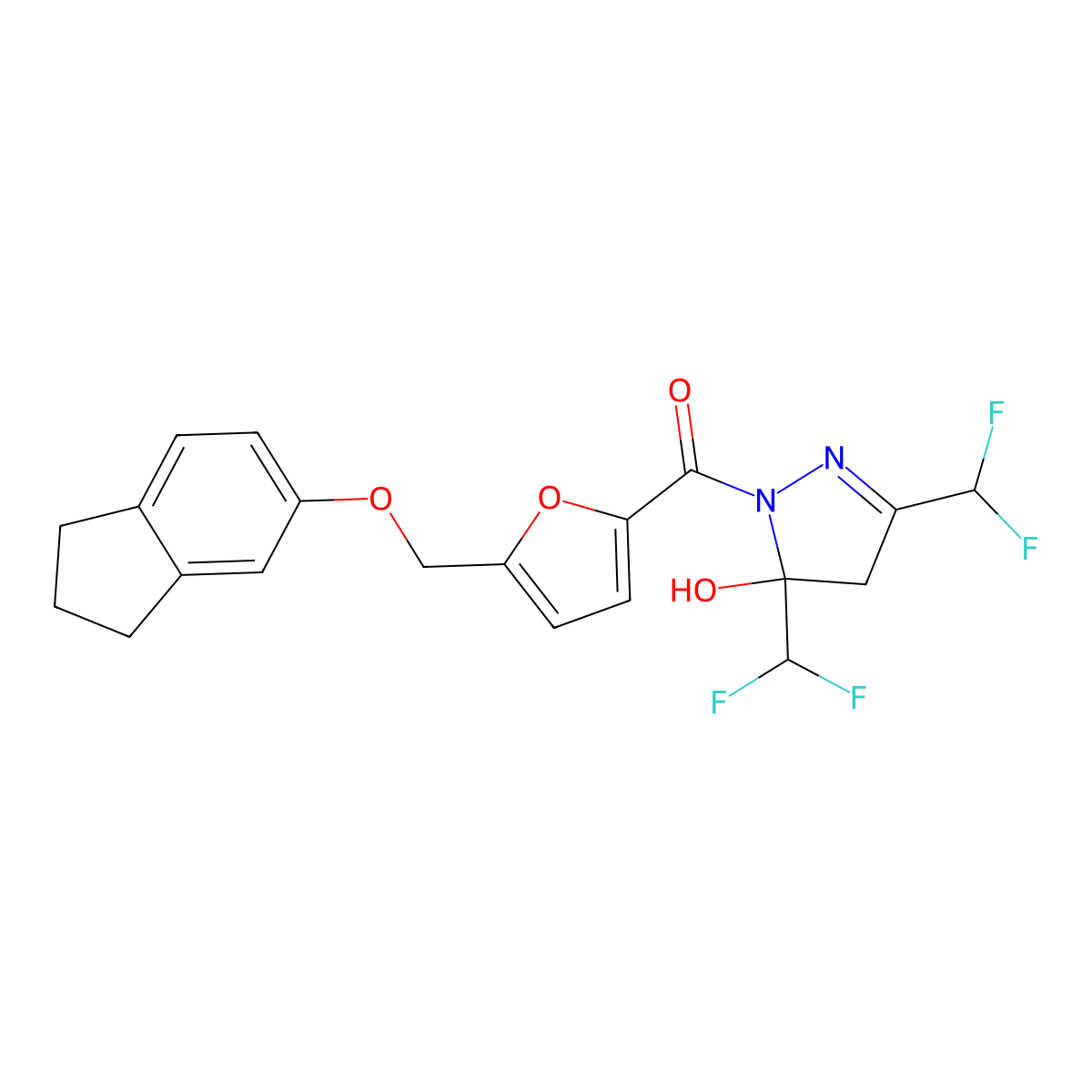 [3,5-bis(difluoromethyl)-5-hydroxy-4H-pyrazol-1-yl]-[5-(2,3-dihydro-1H-inden-5-yloxymethyl)furan-2-yl]methanone molecular structure, CAS 438233-30-8