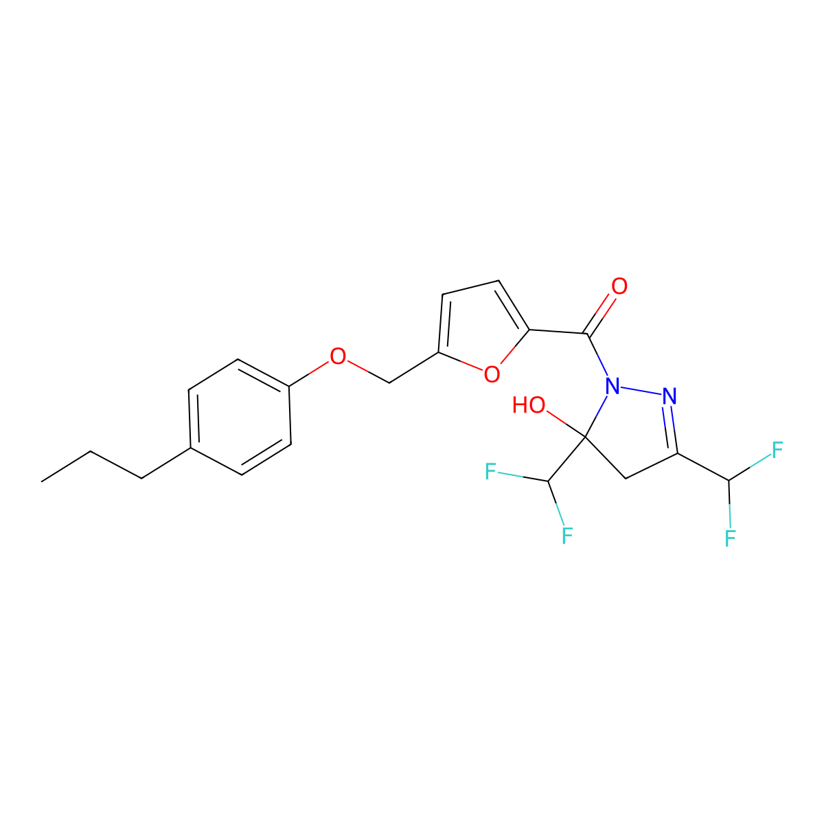 [3,5-bis(difluoromethyl)-5-hydroxy-4H-pyrazol-1-yl]-[5-[(4-propylphenoxy)methyl]furan-2-yl]methanone molecular structure, CAS 438233-34-2