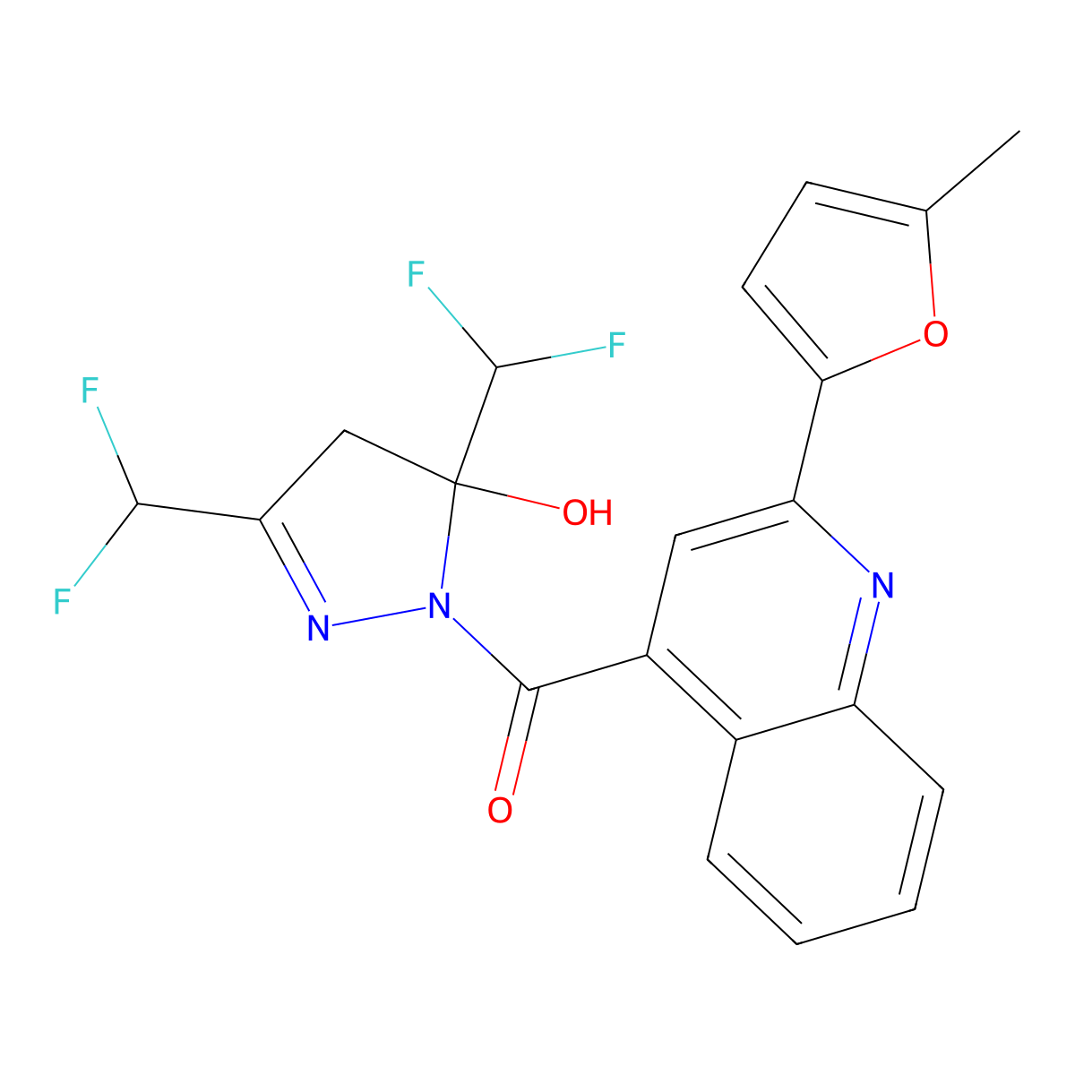 [3,5-bis(difluoromethyl)-5-hydroxy-4H-pyrazol-1-yl]-[2-(5-methylfuran-2-yl)quinolin-4-yl]methanone molecular structure, CAS 438233-41-1