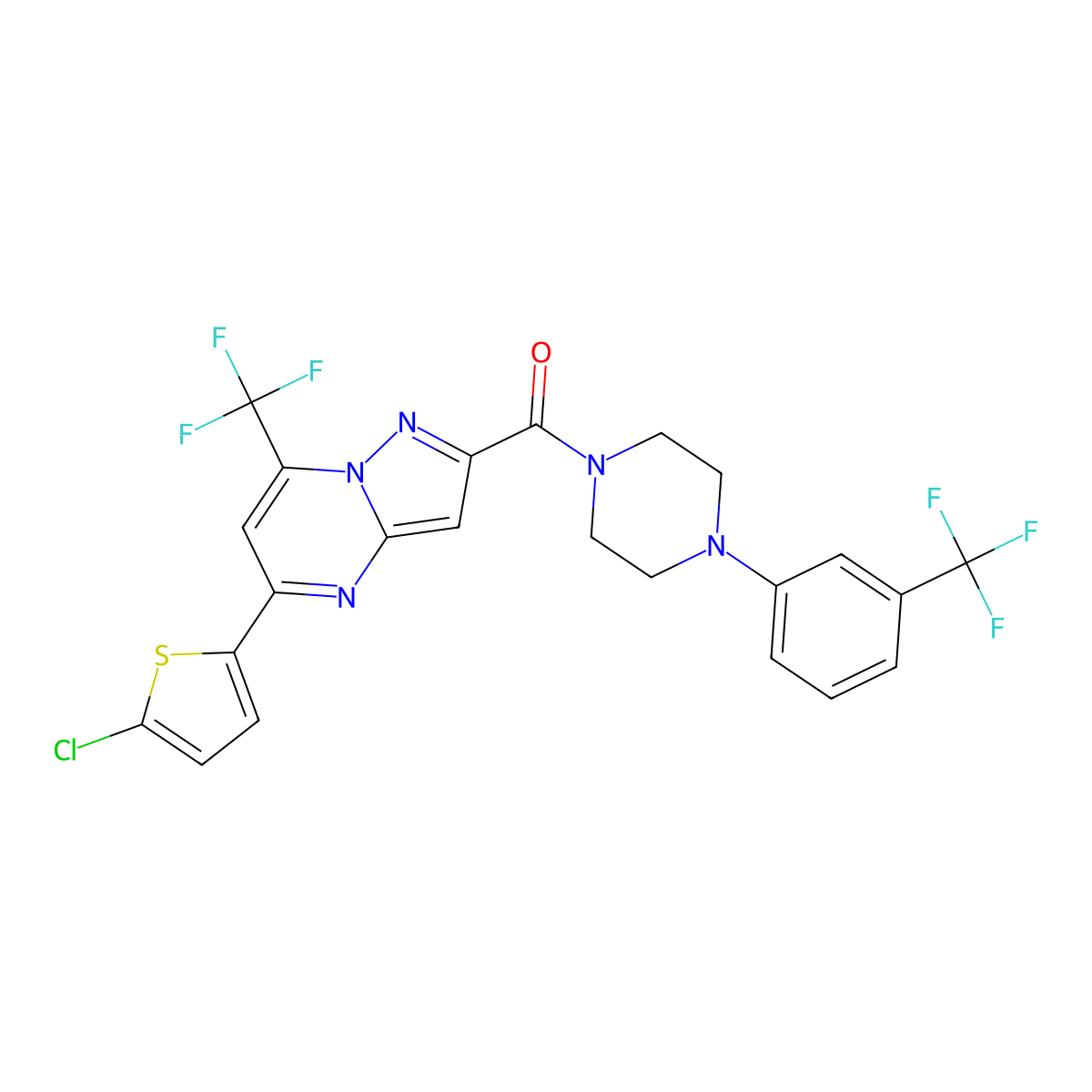 [5-(5-Chlorothiophen-2-yl)-7-(trifluoromethyl)pyrazolo[1,5-a]pyrimidin-2-yl]-[4-[3-(trifluoromethyl)phenyl]piperazin-1-yl]methanone molecular structure, CAS 438233-55-7