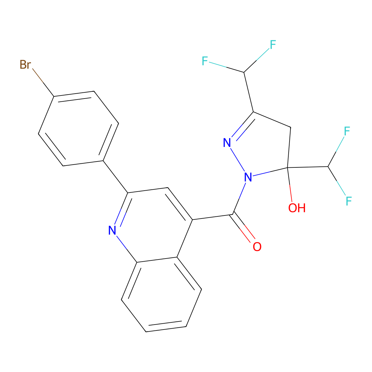[3,5-bis(difluoromethyl)-5-hydroxy-4H-pyrazol-1-yl]-[2-(4-bromophenyl)quinolin-4-yl]methanone molecular structure, CAS 438233-62-6