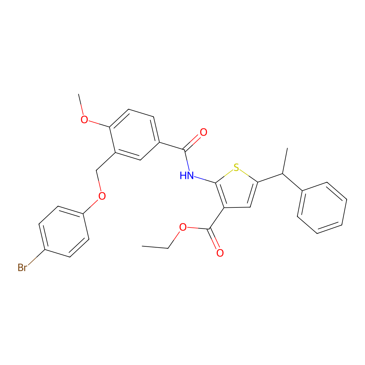 Ethyl 2-({3-[(4-bromophenoxy)methyl]-4-methoxybenzoyl}amino)-5-(1-phenylethyl)-3-thiophenecarboxylate molecular structure, CAS 438233-89-7