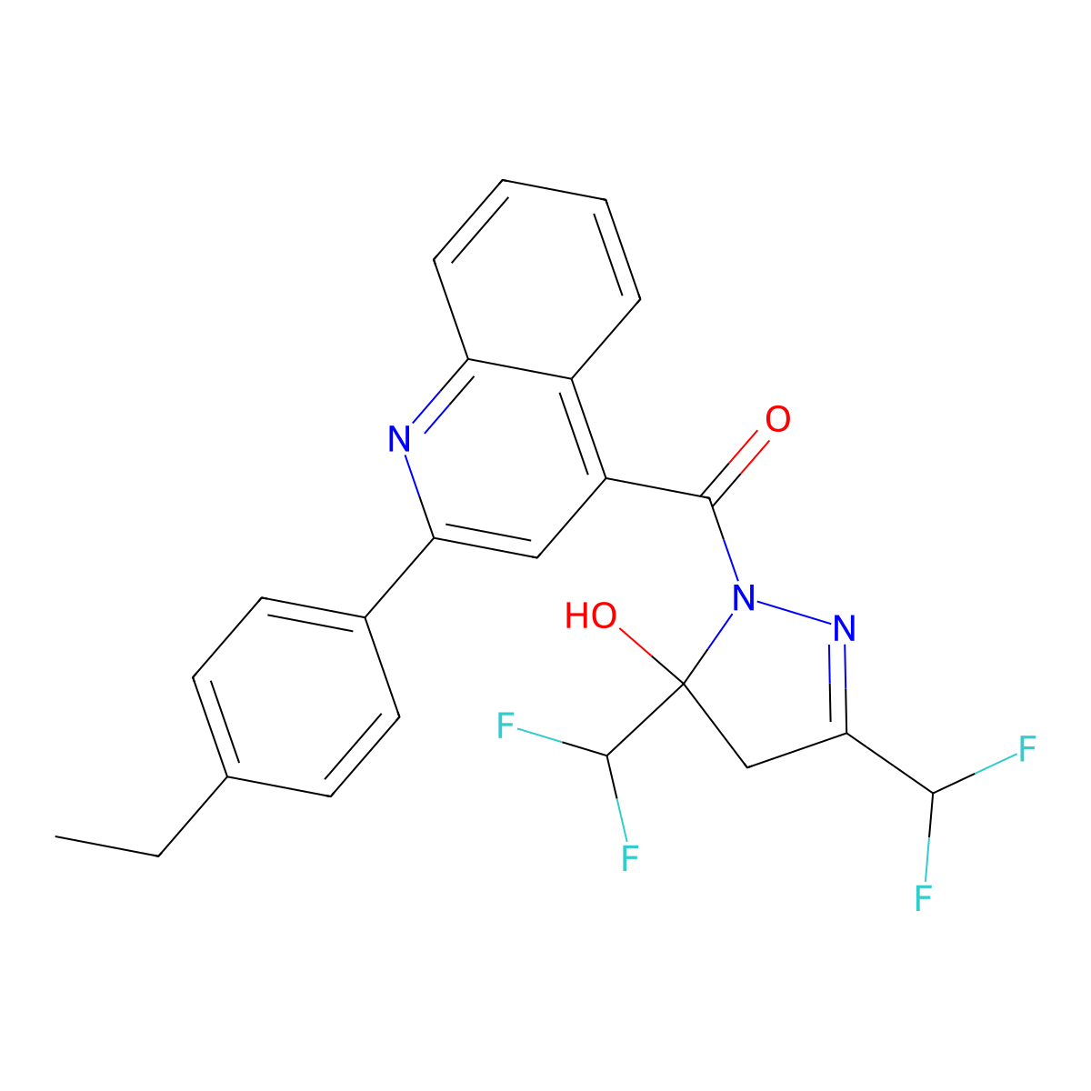 [3,5-bis(difluoromethyl)-5-hydroxy-4H-pyrazol-1-yl]-[2-(4-ethylphenyl)quinolin-4-yl]methanone molecular structure, CAS 438234-40-3
