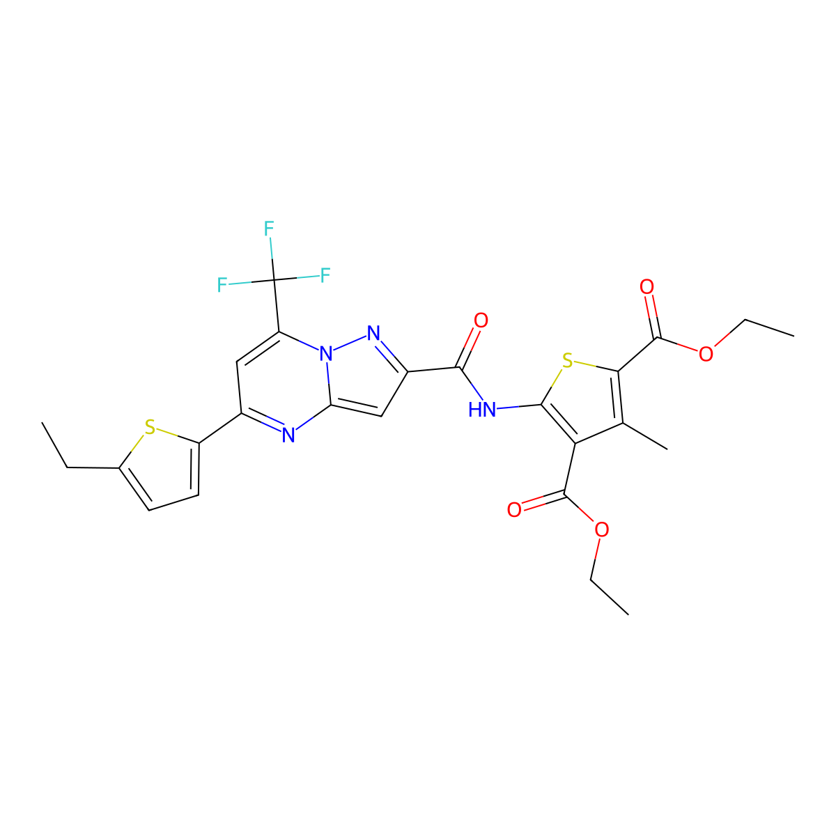 Diethyl 5-({[5-(5-ethyl-2-thienyl)-7-(trifluoromethyl)pyrazolo[1,5-a]pyrimidin-2-yl]carbonyl}amino)-3-methyl-2,4-thiophenedicarboxylate molecular structure, CAS 438234-46-9