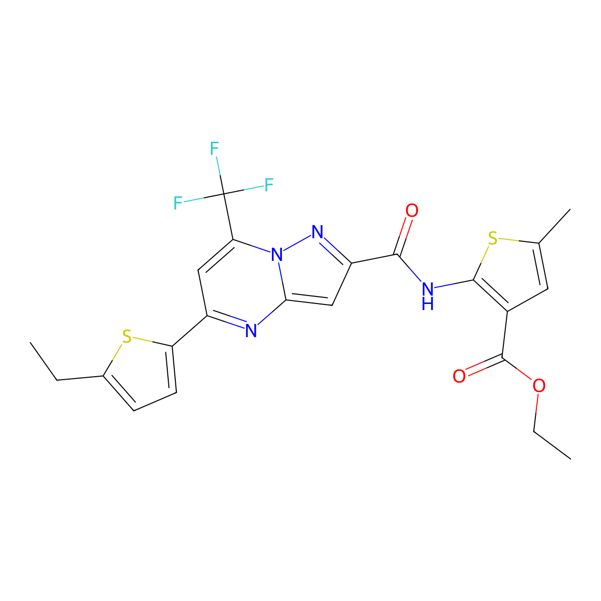 Ethyl 2-[[5-(5-ethylthiophen-2-yl)-7-(trifluoromethyl)pyrazolo[1,5-a]pyrimidine-2-carbonyl]amino]-5-methylthiophene-3-carboxylate molecular structure, CAS 438234-51-6