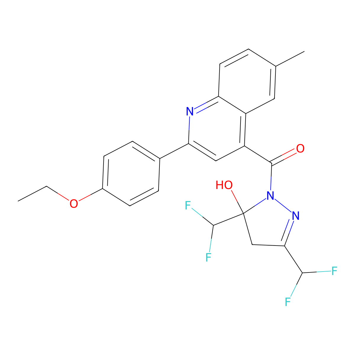 [3,5-bis(difluoromethyl)-5-hydroxy-4H-pyrazol-1-yl]-[2-(4-ethoxyphenyl)-6-methylquinolin-4-yl]methanone molecular structure, CAS 438234-54-9