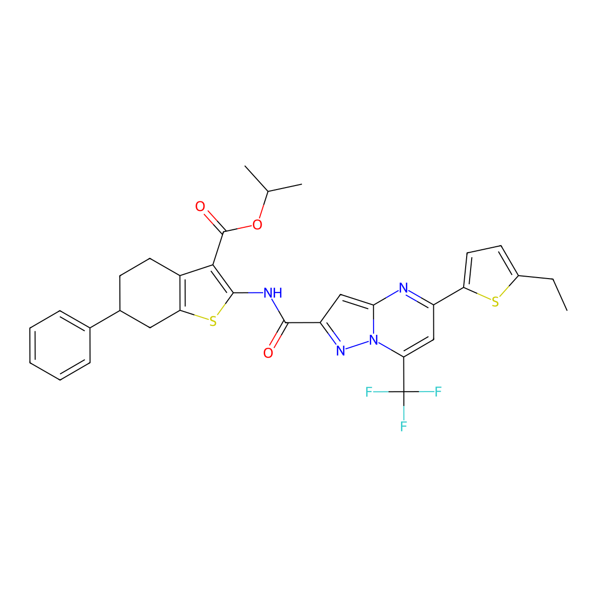 Isopropyl 2-({[5-(5-ethyl-2-thienyl)-7-(trifluoromethyl)pyrazolo[1,5-a]pyrimidin-2-yl]carbonyl}amino)-6-phenyl-4,5,6,7-tetrahydro-1-benzothiophene-3-carboxylate molecular structure, CAS 438234-55-0
