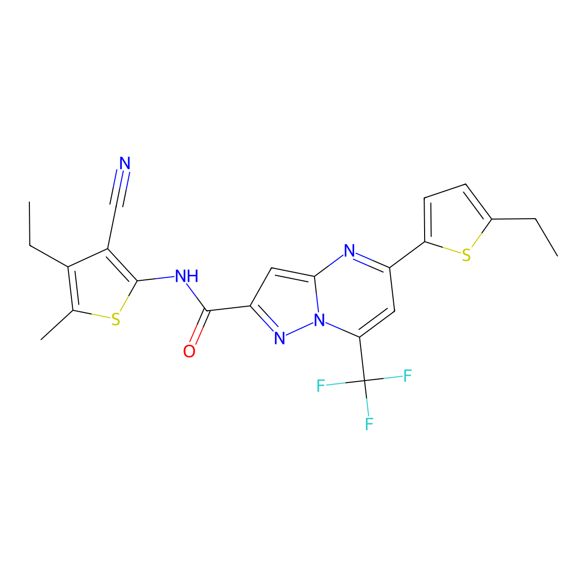 N-(3-cyano-4-ethyl-5-methylthiophen-2-yl)-5-(5-ethylthiophen-2-yl)-7-(trifluoromethyl)pyrazolo[1,5-a]pyrimidine-2-carboxamide molecular structure, CAS 438234-57-2