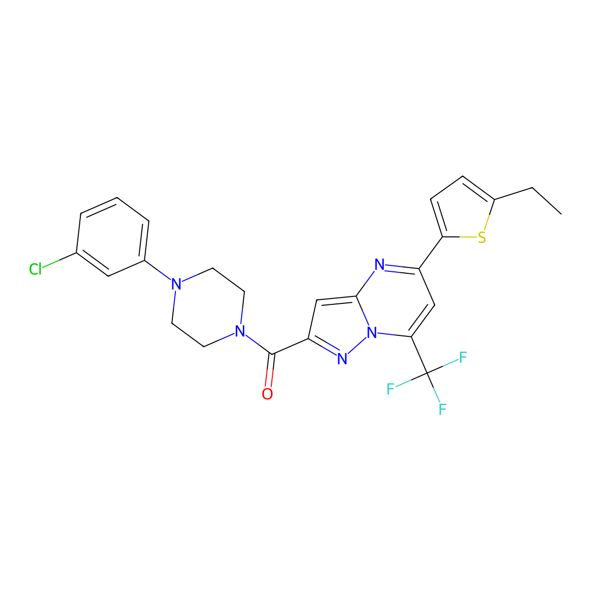 [4-(3-Chlorophenyl)piperazin-1-yl][5-(5-ethylthiophen-2-yl)-7-(trifluoromethyl)pyrazolo[1,5-a]pyrimidin-2-yl]methanone molecular structure, CAS 438234-60-7