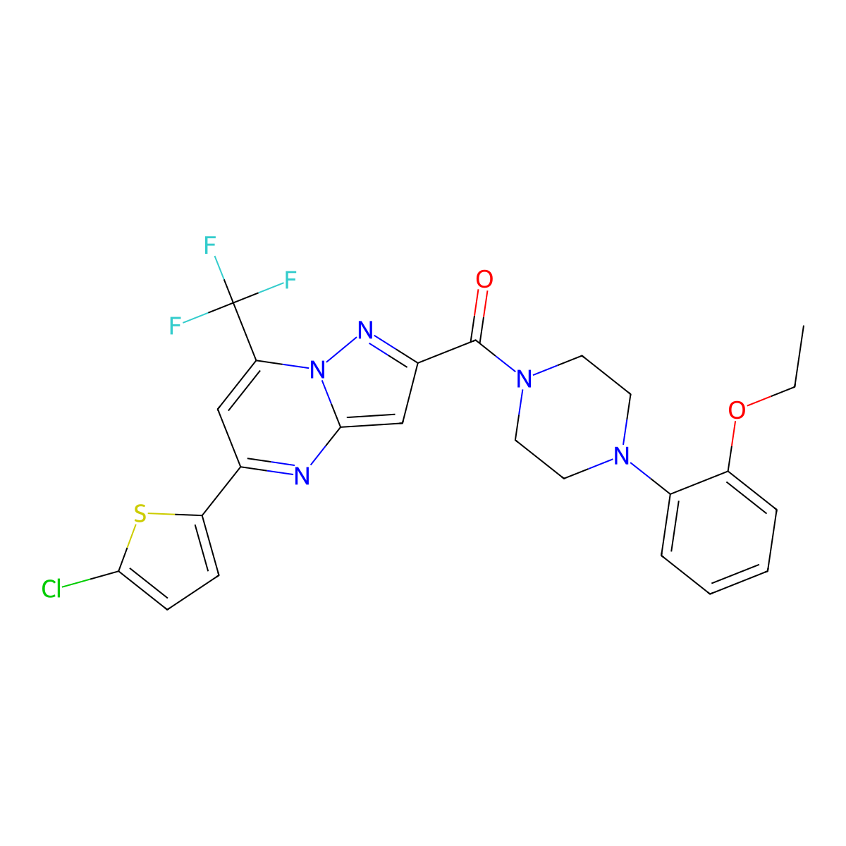 [5-(5-Chlorothiophen-2-yl)-7-(trifluoromethyl)pyrazolo[1,5-a]pyrimidin-2-yl]-[4-(2-ethoxyphenyl)piperazin-1-yl]methanone molecular structure, CAS 438234-61-8