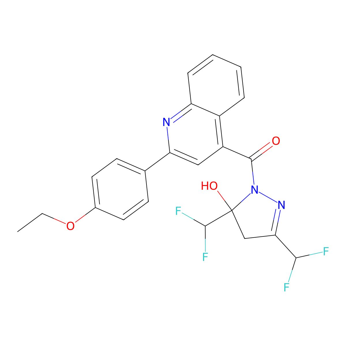 [3,5-bis(difluoromethyl)-5-hydroxy-4H-pyrazol-1-yl]-[2-(4-ethoxyphenyl)quinolin-4-yl]methanone molecular structure, CAS 438234-63-0