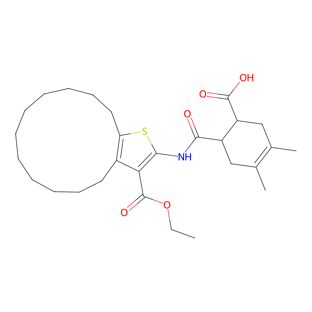 6-[(16-Ethoxycarbonyl-14-thiabicyclo[11.3.0]hexadeca-1(13),15-dien-15-yl)carbamoyl]-3,4-dimethylcyclohex-3-ene-1-carboxylic acid molecular structure, CAS 438234-69-6