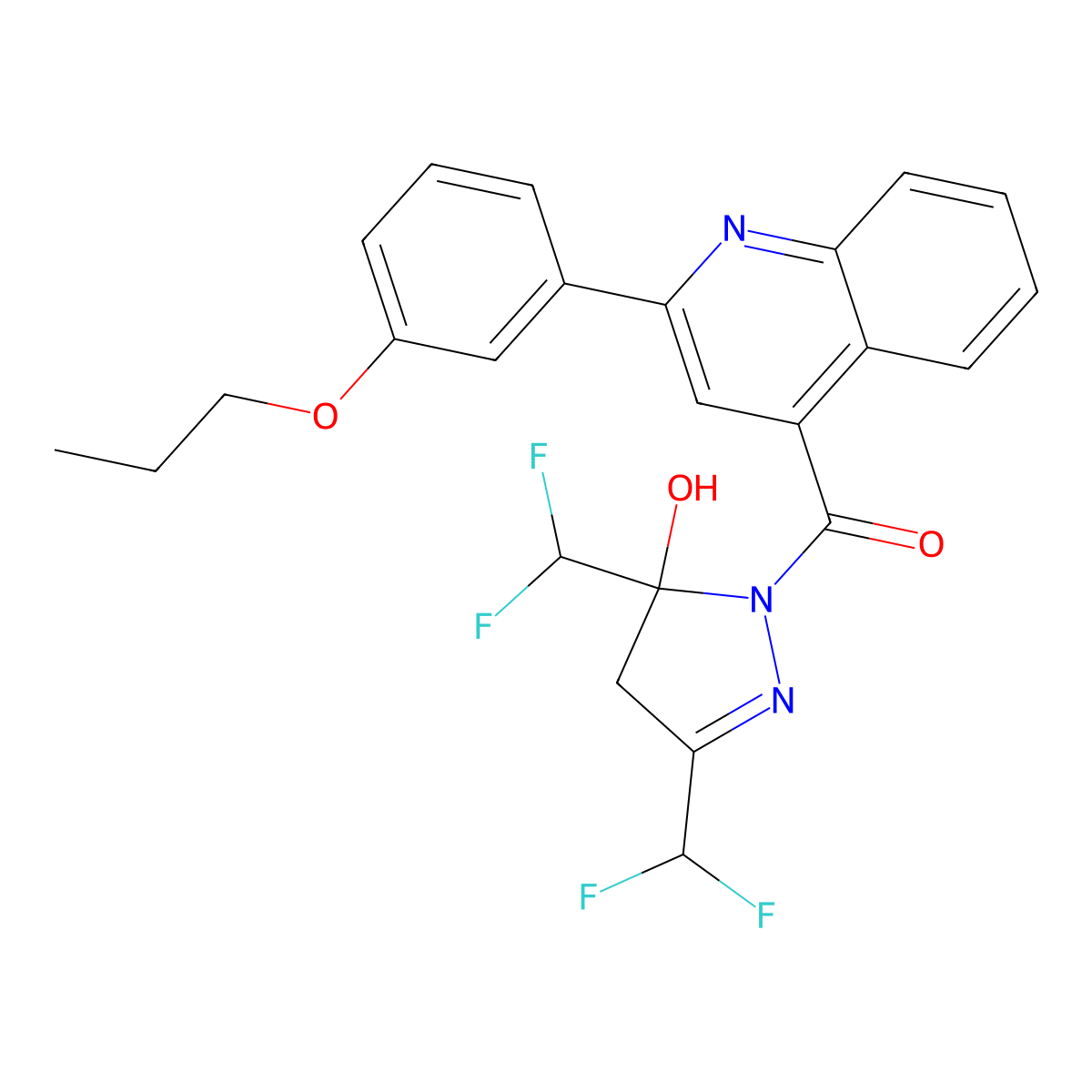 [3,5-bis(difluoromethyl)-5-hydroxy-4H-pyrazol-1-yl]-[2-(3-propoxyphenyl)quinolin-4-yl]methanone molecular structure, CAS 438234-85-6