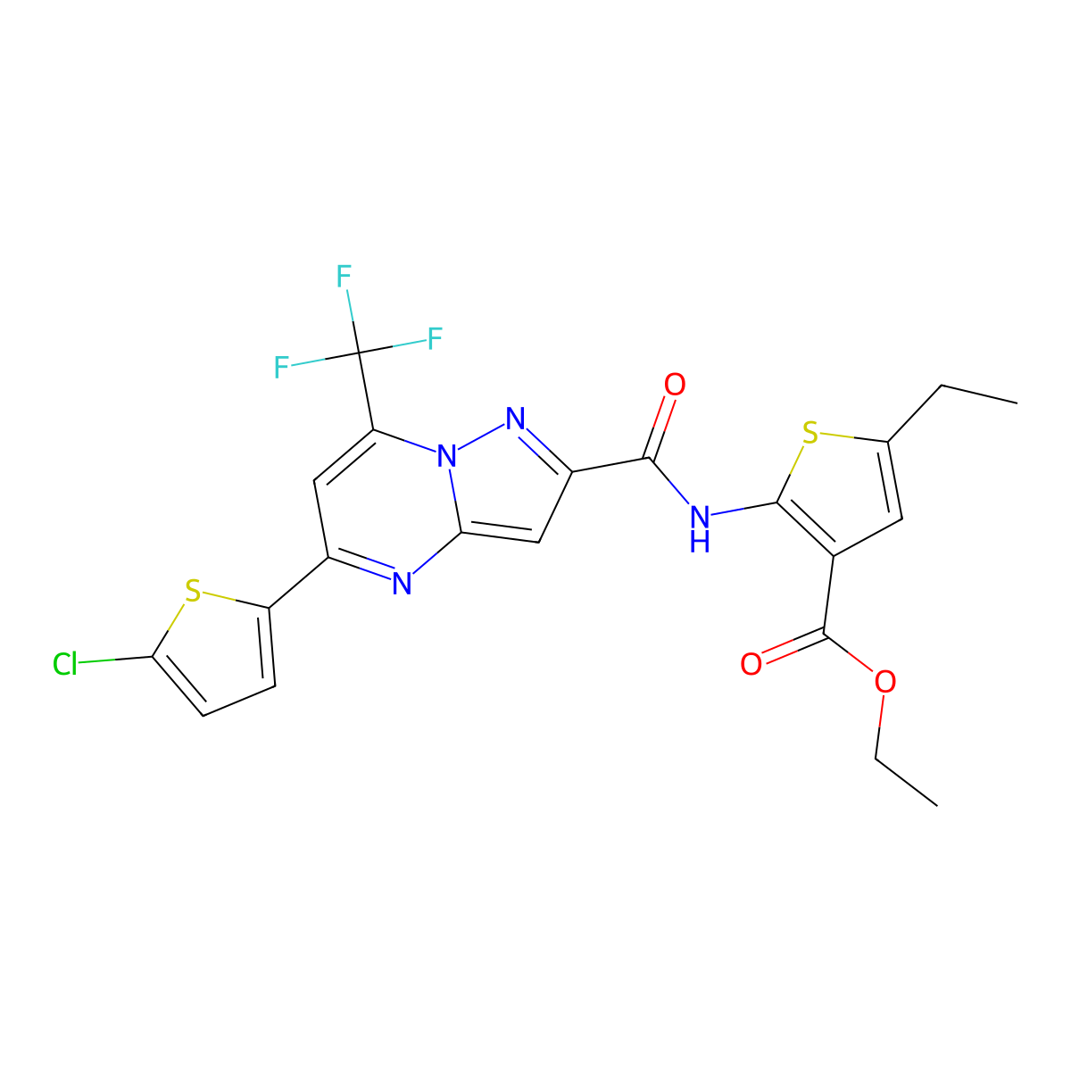 Ethyl 2-[[5-(5-chlorothiophen-2-yl)-7-(trifluoromethyl)pyrazolo[1,5-a]pyrimidine-2-carbonyl]amino]-5-ethylthiophene-3-carboxylate molecular structure, CAS 438234-88-9