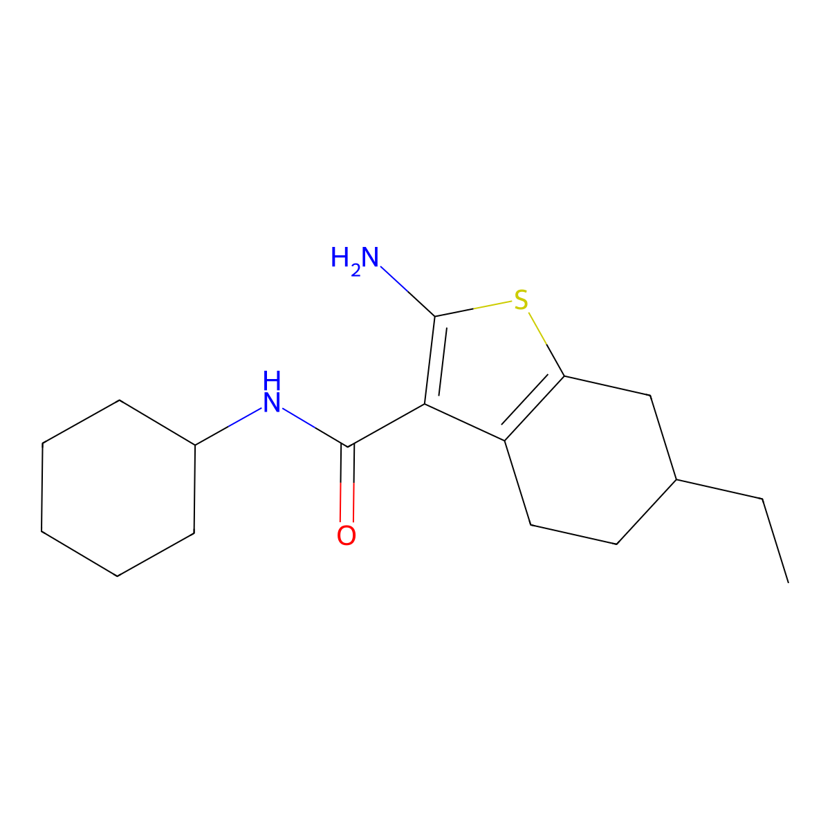 2-amino-N-cyclohexyl-6-ethyl-4,5,6,7-tetrahydro-1-benzothiophene-3-carboxamide molecular structure, CAS 438234-89-0